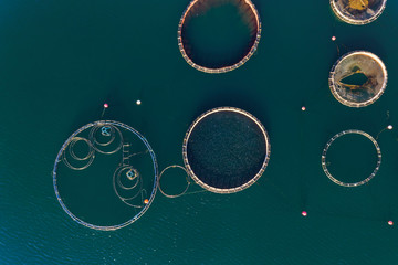 Fish farm with floating cages in Chalkidiki, Greece