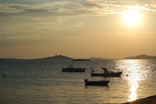 fishing boats at sunset ayvalık turkey