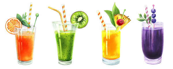Set of kiwi, pineapple, orange and blueberry cocktails with slice of fruits. Isolated on white background. Hand drawn watercolor, for design cooking site, menu, pub, bar, poster, label.