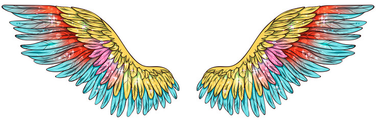 Beautiful magilc glowing glittery shiny bright yellow red blue vector wings © Евгения Савченко