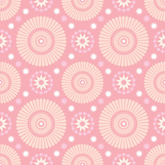 Geometric circular blooms, stars, flowers. Vector repeat pattern background. Great for stationary, home decor, gift, products, backgrounds.