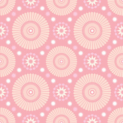 Fototapeta premium Geometric circular blooms, stars, flowers. Vector repeat pattern background. Great for stationary, home decor, gift, products, backgrounds.