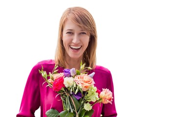 Cutout of Young attractive woman holding bouquet of flowers