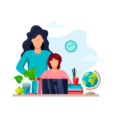 Home learning concept. Mother is helping student to do homework. Flat cartoon style design. Vector illustration