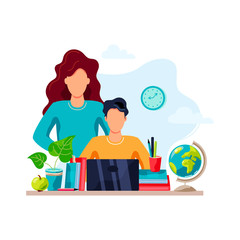 Home learning concept. Mother is helping student to do homework. Flat cartoon style design. Vector illustration