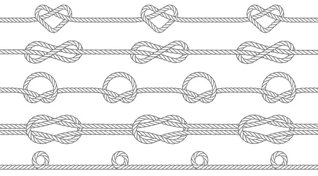 Seamless texture of ropes with knots. Knots of a circle, infinity and heart shape. Repeatable pattern. Vector illustration.