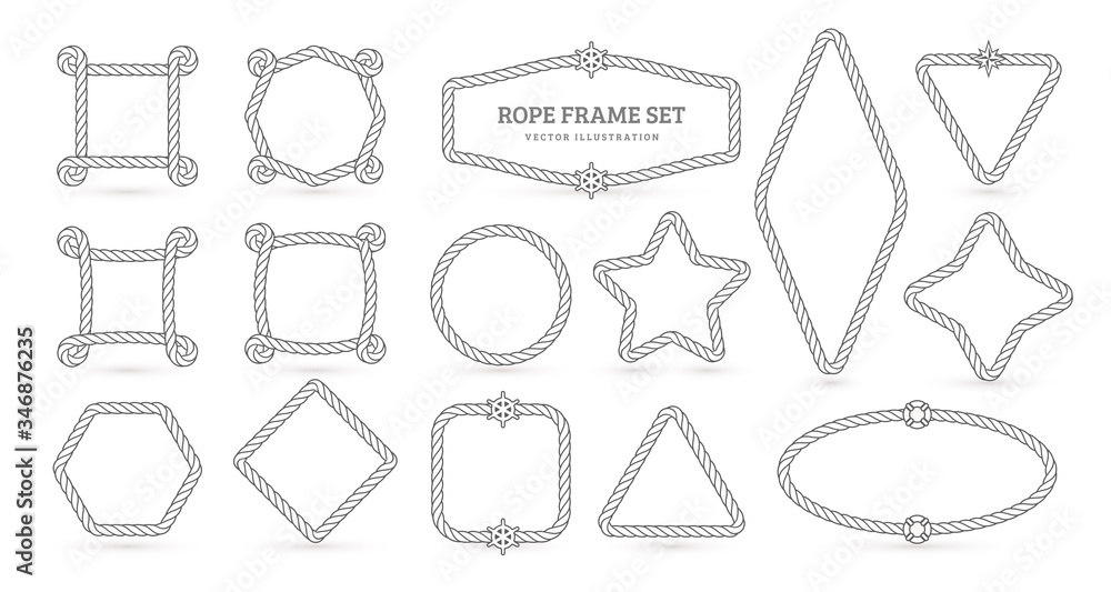 Poster nautical ropes, creative outline borders set. marine empty contour frames isolated pack. thin line s