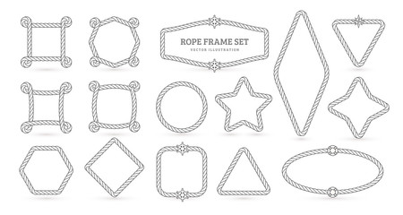 Nautical ropes, creative outline borders set. Marine empty contour frames isolated pack. Thin line square, circle, star shapes. Vector illustrations collection. © artyway
