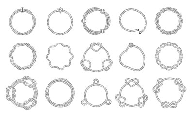 Round rope frames, wavy and smooth outline with sea knots. Woven lines of frames. Borders for selection template, vector illustration.