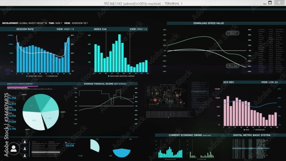 Poster minimalistic background animation with diagrams, data sets, curves and information for screens, moni