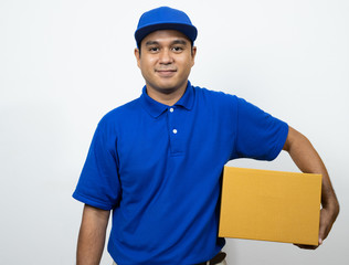 Blue Delivery handsome asian man holding parcel cardboard box on isolated white background.