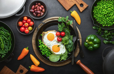 Fried eggs in a cast-iron skillet, overhead view