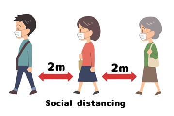 イラスト素材：ソーシャルディスタンス　列に並ぶ人々