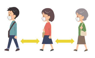 イラスト素材：ソーシャルディスタンス　列に並ぶ人々