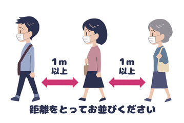 イラスト素材：ソーシャルディスタンス　列に並ぶ人々