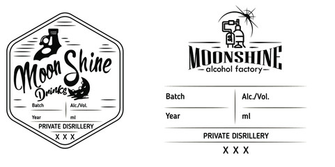 Moonshine. The best label in the city, emblem. Emblem of the alcohol industry, distillation. Monochrome, vignettes and print. Place for text. Monochrome illustration.
