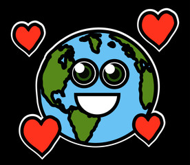 Planet earth on a black background and hearts. Cartoon. Vector illustration.