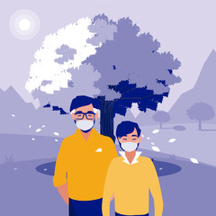 Father and son with mask in front of landscape vector design