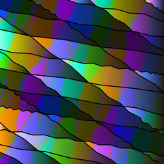 Mirrored colored shards of curved violet intersecting ribbons and dark lines.