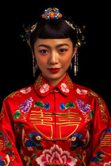 Ancient Asian brides in red on a black background