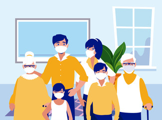 Family with masks at home vector design