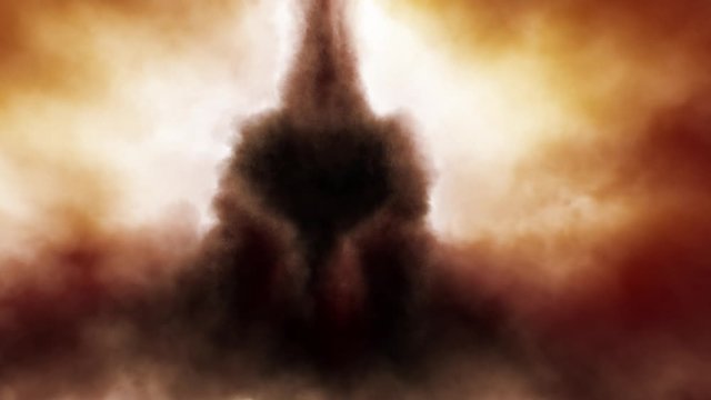 Scary demonic figure from fog. Hellish demon sitting in glowing golden background with rays of light. Animation in genre of horror fantasy. Orange background with coal and noise effect. 