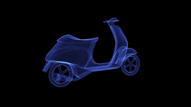 The hologram of a modern scooter bike. 3D animation of mini motorcycle on a black background with a seamless loop