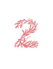 Number 2 pink colored seaweeds underwater ocean plant sea coral elements flat vector illustration on white background