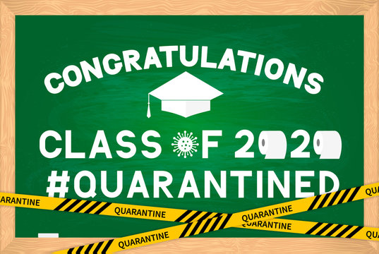 Class Of 2020 Funny Poster With Toilet Paper And Graduation Cap On Green Chalkboard With Wooden Frame. Coronavirus COVID-19 Quarantine. Vector Template For Graduation Greeting Card, Banner, Sticker.