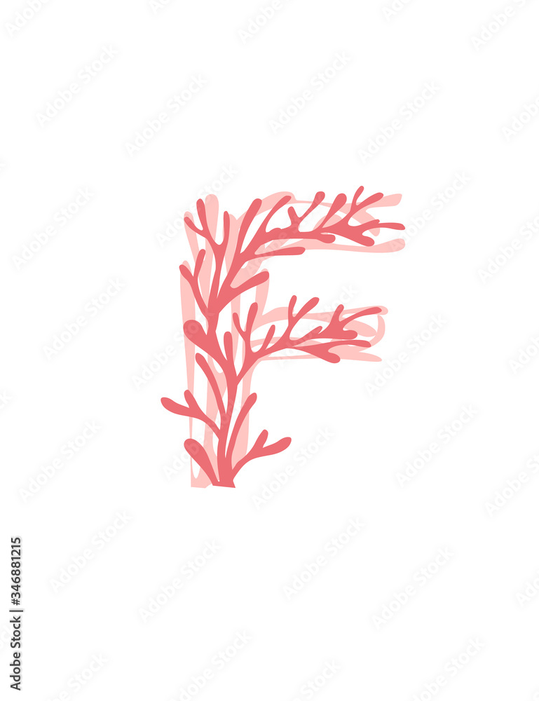 Wall mural letter f pink colored seaweeds underwater ocean plant sea coral elements flat vector illustration on