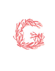 Letter G pink colored seaweeds underwater ocean plant sea coral elements flat vector illustration on white background