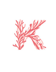 Fototapeta na wymiar Letter K pink colored seaweeds underwater ocean plant sea coral elements flat vector illustration on white background
