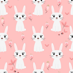 Modèle sans couture de mignons lapins blancs avec fond d& 39 éléments floraux pour enfants en style cartoon.