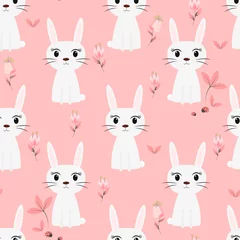 Cercles muraux Lapin Modèle sans couture de mignons lapins blancs avec fond d& 39 éléments floraux pour enfants en style cartoon.