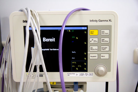 HANNOVER / GERMANY - MARCH 17, 2017: DRAEGER medical monitor hangs on a wall