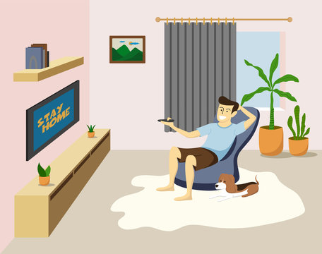 Flat style vector illustration of cartoon man character watching television in living room with a dog.