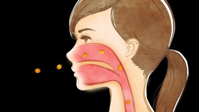 オレンジのウィルス・花粉を鼻から取込む女性イラスト（背景無し）