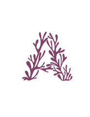 Letter A purple colored seaweeds underwater ocean plant sea coral elements flat vector illustration on white background