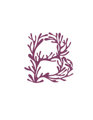 Letter B purple colored seaweeds underwater ocean plant sea coral elements flat vector illustration on white background