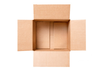 Open empty rectangular cardboard box isolated on white background. Mockup for design and advertising. Brown craft paper or carton box mock up. Top view