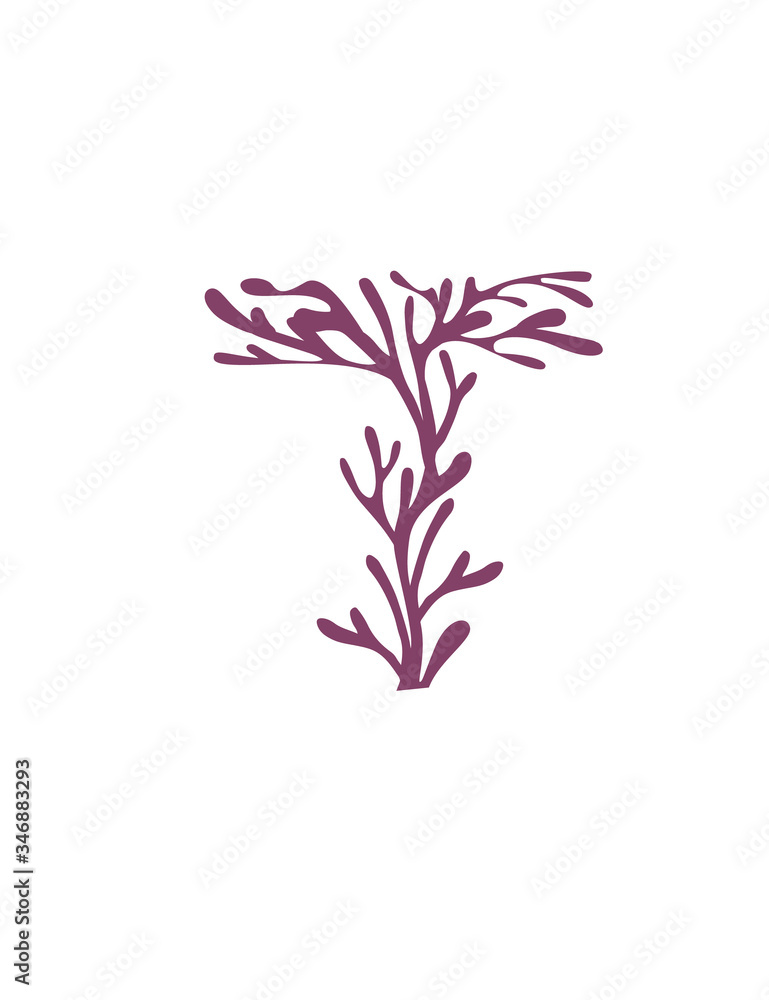 Wall mural letter t purple colored seaweeds underwater ocean plant sea coral elements flat vector illustration 