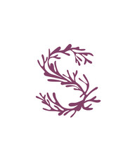 Letter S purple colored seaweeds underwater ocean plant sea coral elements flat vector illustration on white background