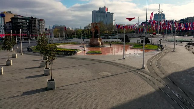 Taksim Square Aerial view with drone, No People, Covid-19 Pandemic Curfew.