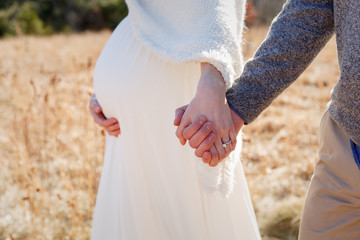 Pregnant couple ourdoors in a natural setting.  Close up of the belly and couple holding hands.