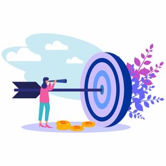 Vector illustration, young woman aiming at an arrow on target, advancing motivation, road to target achievement - Vector.