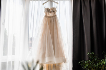 A beautiful white wedding dress.