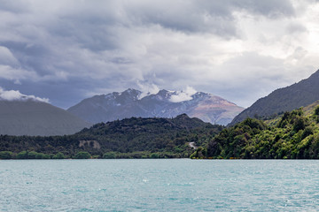 Snowy peaks along the shores of Lake Wakatipu. South Island, New Zealand