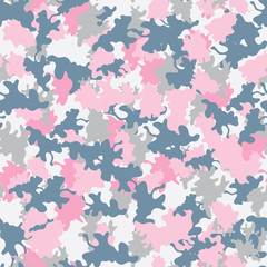 Camouflage background, seamless. Pink, grey and blue. Military fashion camo. Vector repeat. Great for home decor, wrapping, scrapbooking, wallpaper, gift, kids, apparel. 