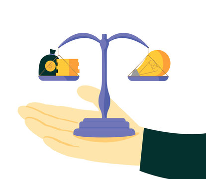 Vector illustration, corporate leisure and good balance between idea, time and work creative metaphor time is money. Balance Between Life And Work On scales. Isolated Vector