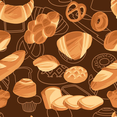 Fototapeta na wymiar Seamless pattern bakery products set for bakery shop cartoon food bread collection flat vector illustration on brown background